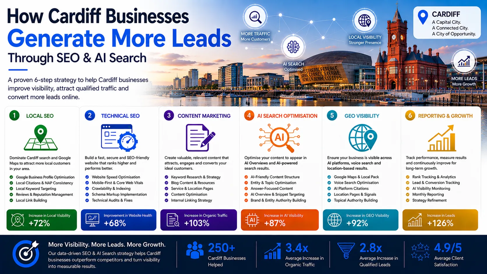 Cardiff infographic showing how businesses generate more leads through SEO, AI Search Optimisation, GEO Visibility and digital marketing growth strategies.