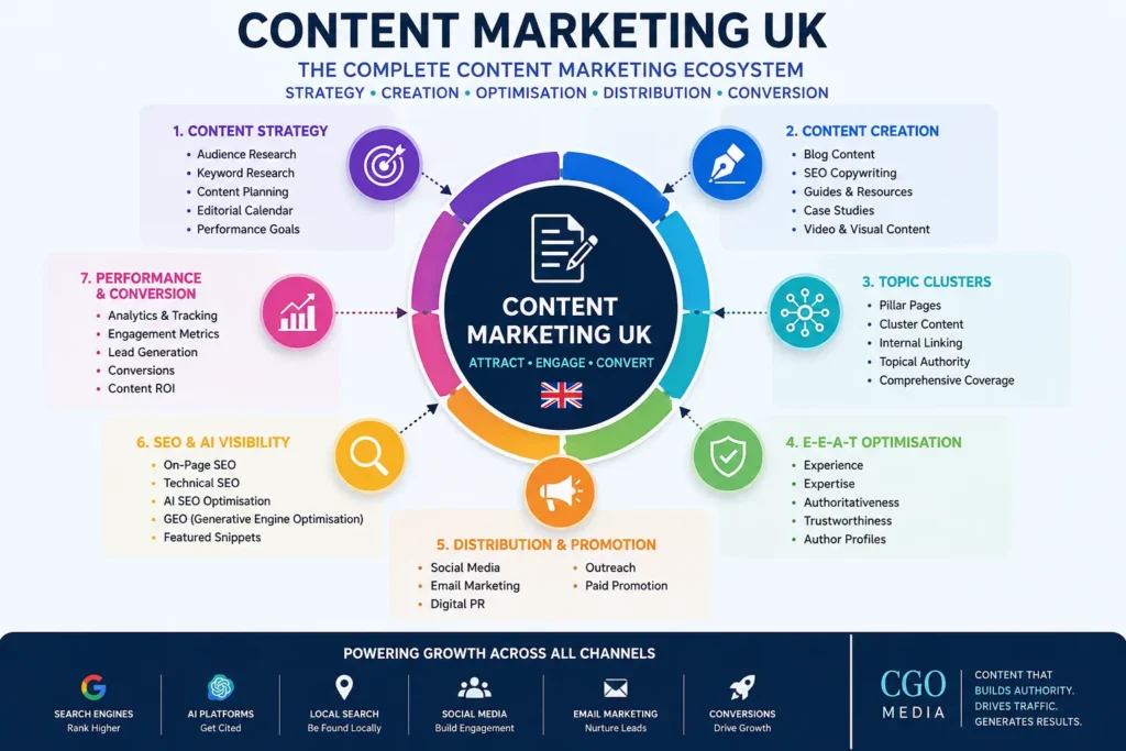 Link Building UK ecosystem infographic showing how Digital PR, outreach campaigns, guest posting, niche edits and content marketing work together to build authority, improve SEO rankings and increase AI search visibility.