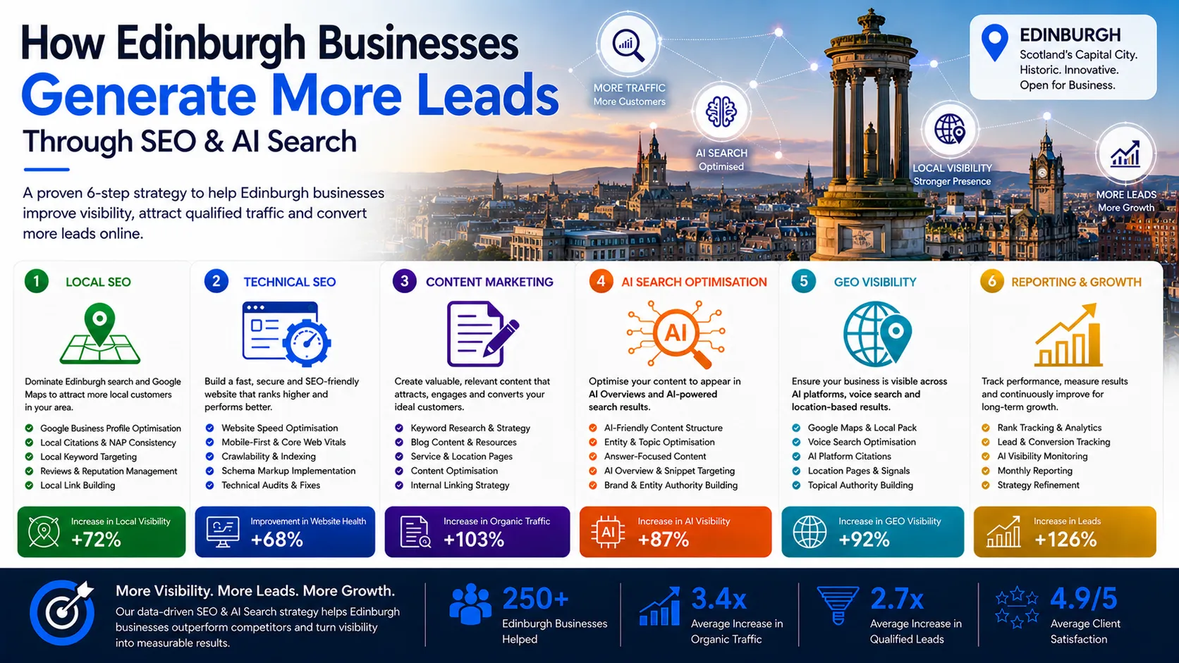 Edinburgh infographic showing how businesses generate more leads through SEO, AI Search Optimisation, GEO Visibility and digital marketing growth strategies.
