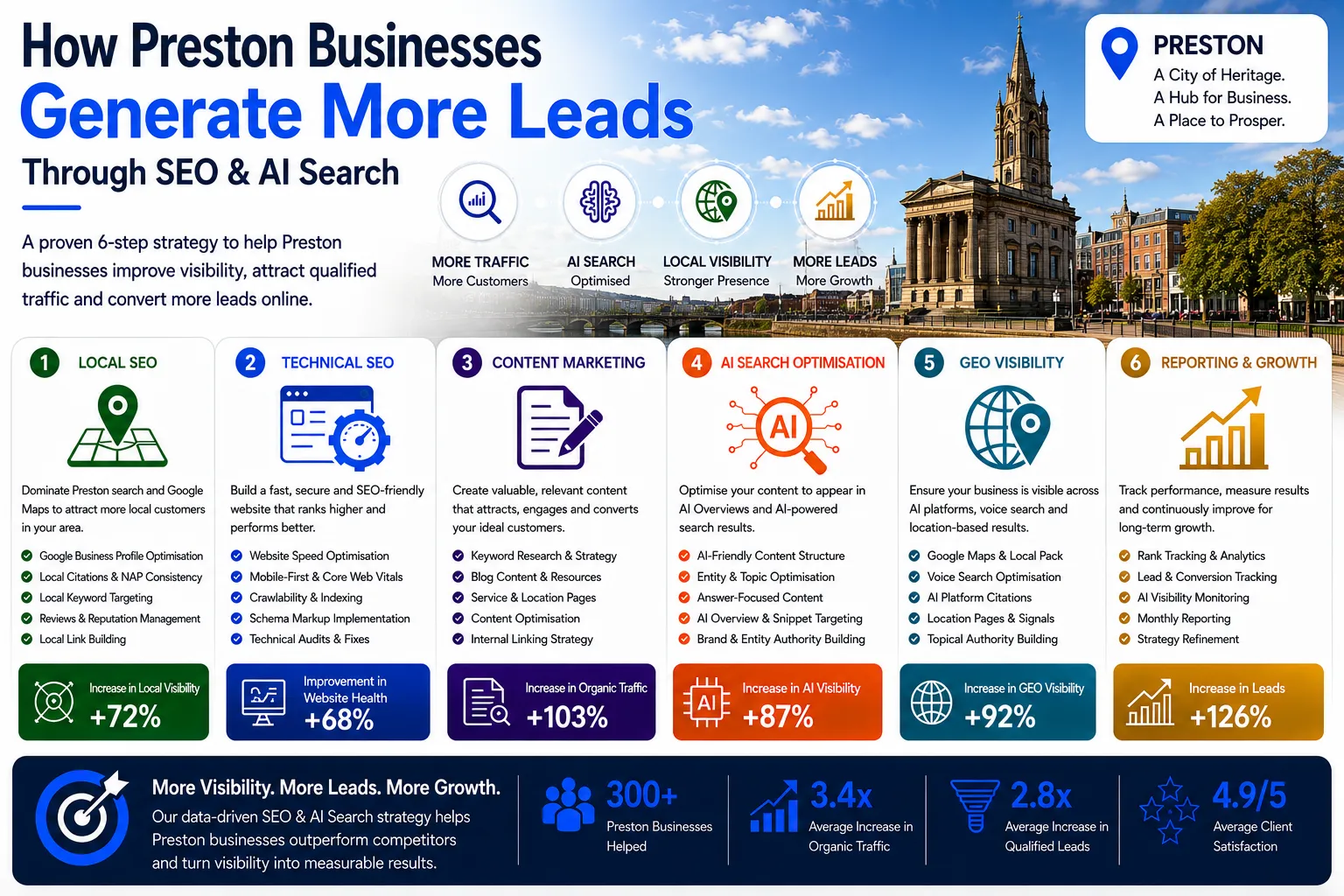 SEO Preston infographic showing how businesses generate more leads through SEO, AI Search Optimisation, GEO Visibility and digital marketing growth strategies.