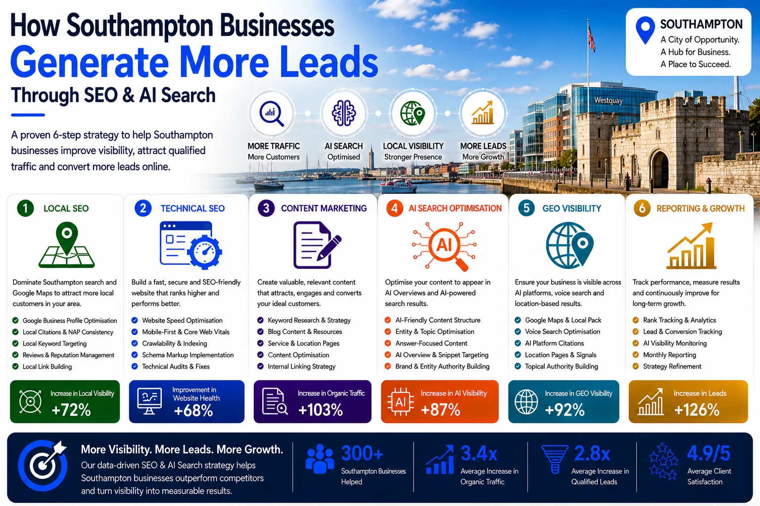 SEO Southampton infographic showing how businesses generate more leads through SEO, AI Search Optimisation, GEO Visibility and digital marketing growth strategies.