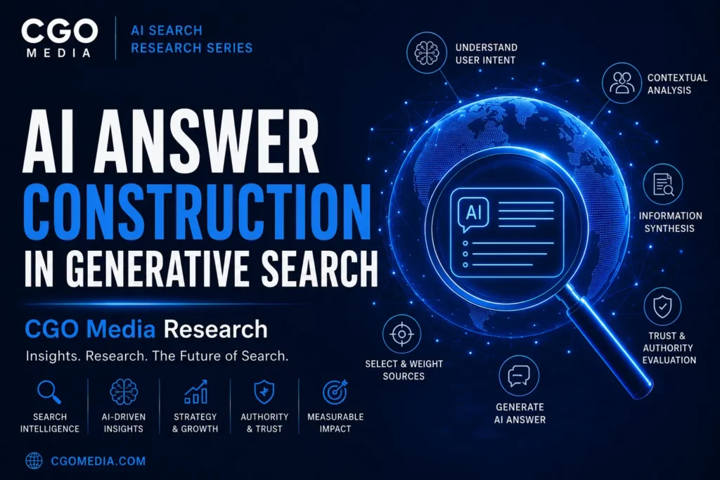 Cover image for the CGO Media AI Search Research Series paper 14 - titled AI Answer Construction in Generative Search. Exploring AI-ready websites, structured data, entity optimisation and technical SEO.
