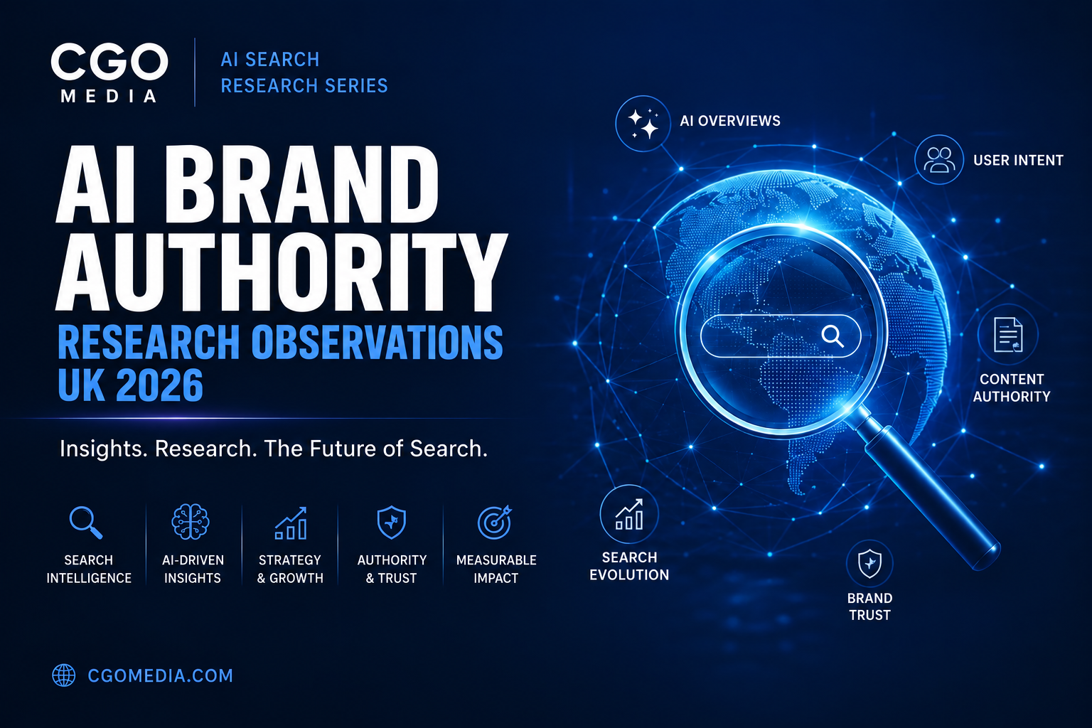 CGO Media cover for AI Brand Authority Research Observations UK 2026, featuring a blue digital globe and magnifying glass.