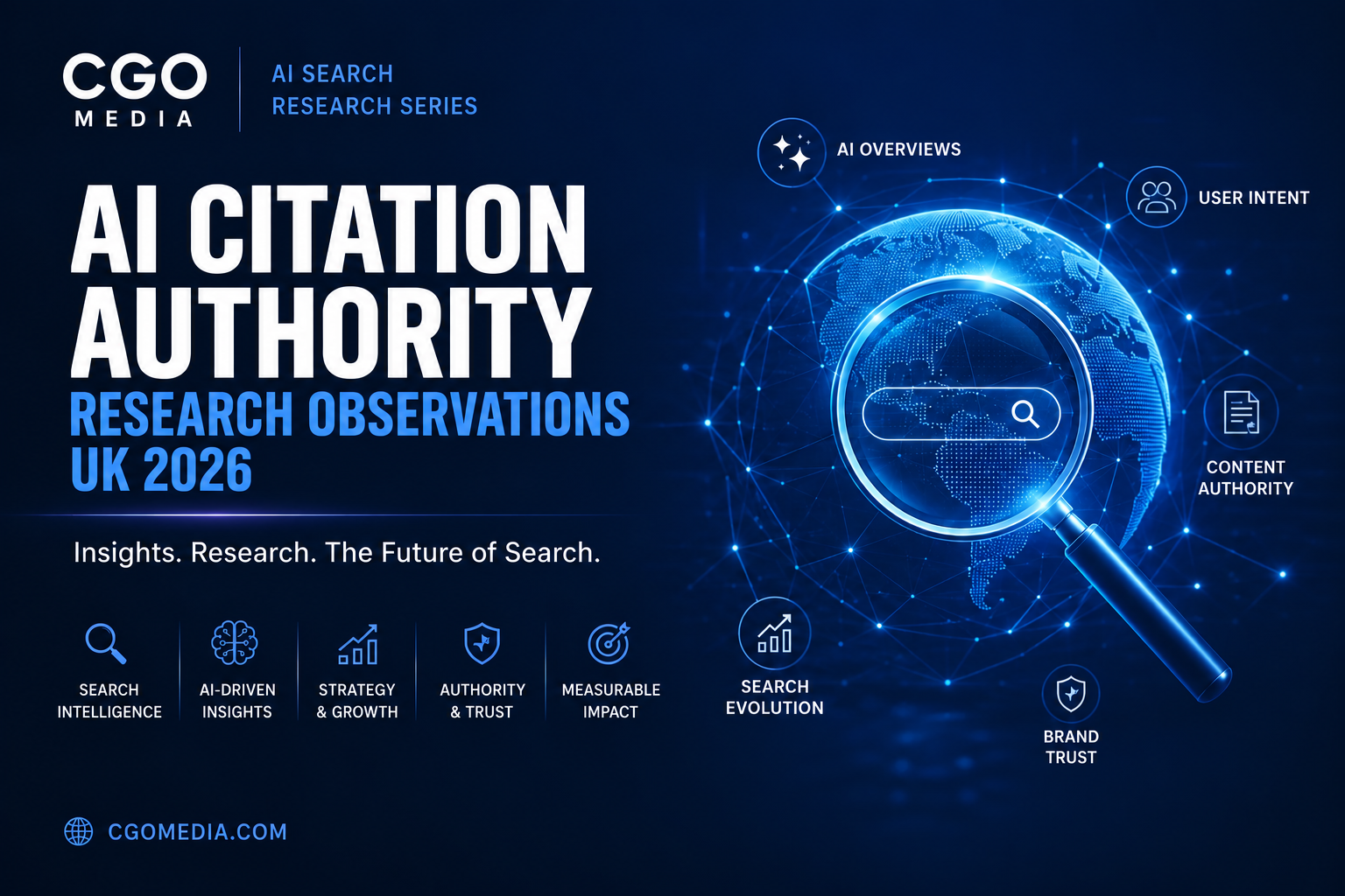 CGO Media cover for AI Citation Authority Research Observations UK 2026, featuring a blue digital globe and magnifying glass.