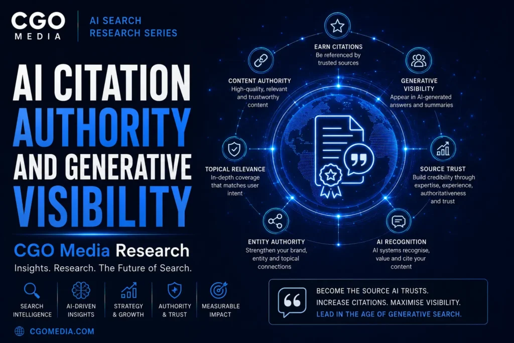 Cover image for the CGO Media AI Search Research Series paper 10 - titled AI Citation Authority and Generative Visibility. Exploring AI-ready websites, structured data, entity optimisation and technical SEO.
