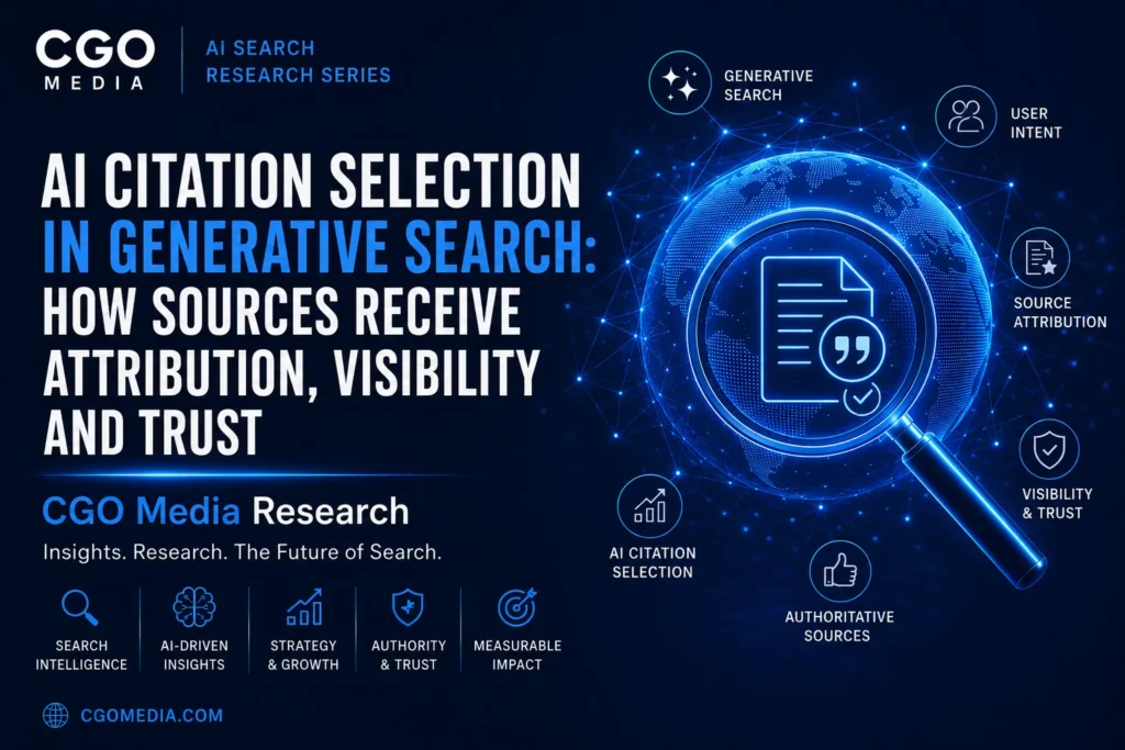 Cover image for the CGO Media AI Search Research Series paper 15 - titled AI Citation Selection in Generative Search. Exploring AI-ready websites, structured data, entity optimisation and technical SEO.