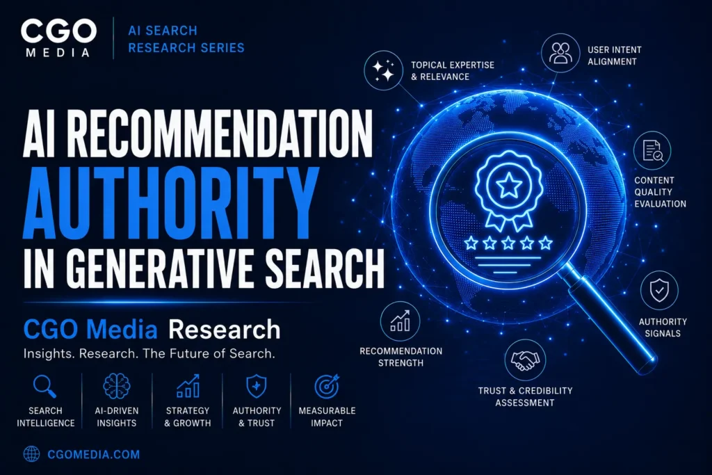 Cover image for the CGO Media AI Search Research Series paper 12 - titled AI Recommendation Authority in Generative Search. Exploring AI-ready websites, structured data, entity optimisation and technical SEO.