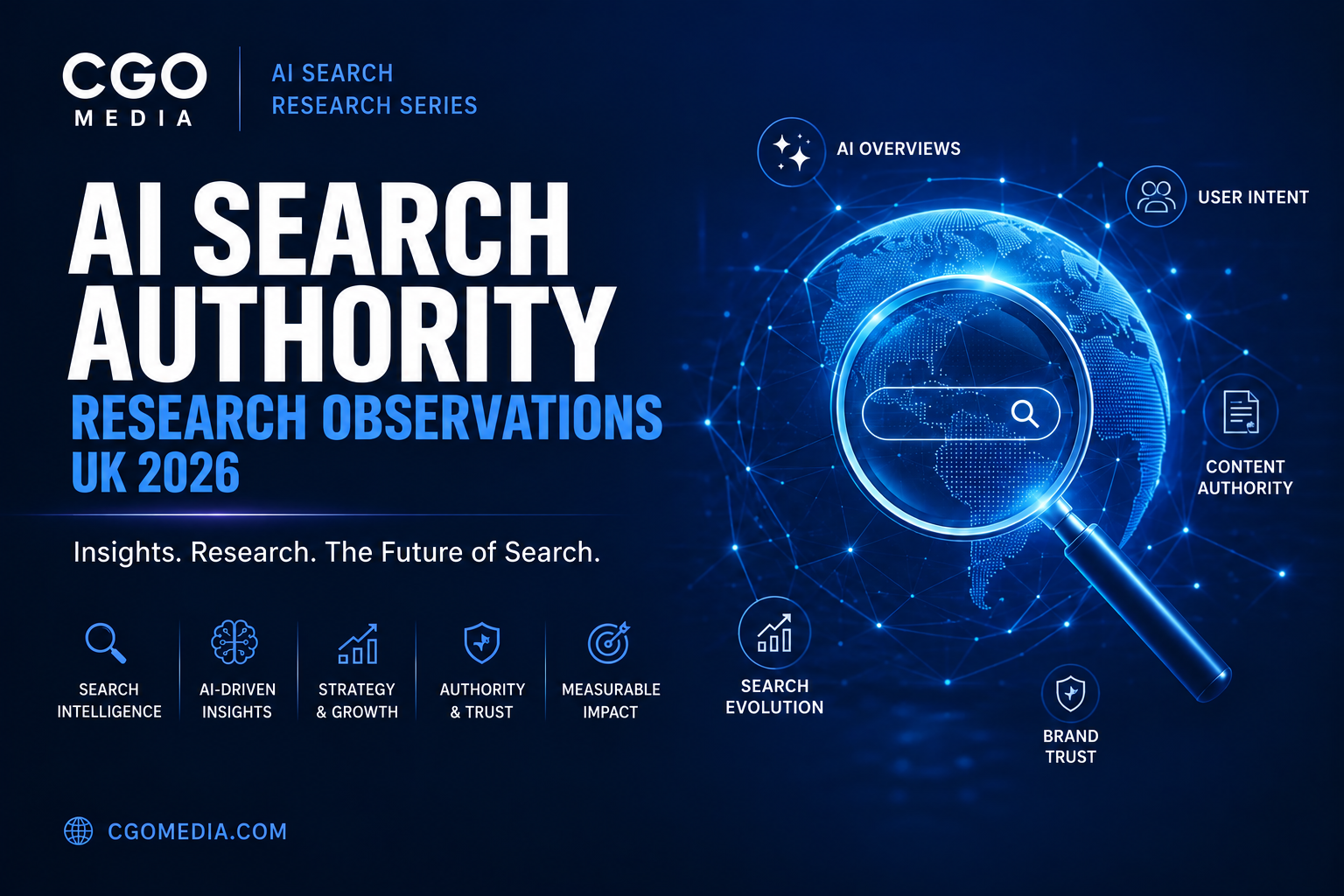 CGO Media cover for AI Search Authority Research Observations UK 2026, featuring a blue digital globe and magnifying glass.