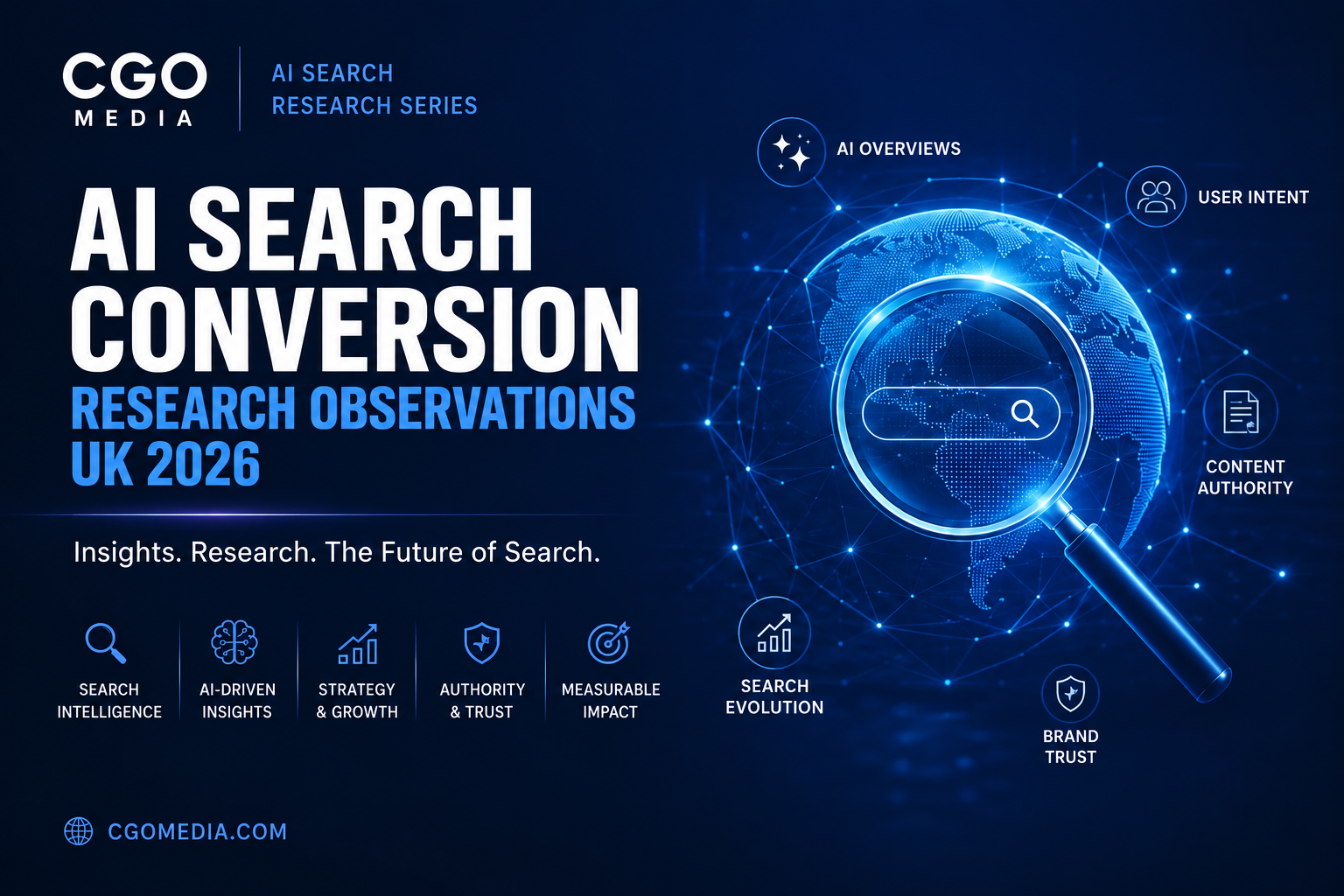 CGO Media cover for AI Search Conversion Research Observations UK 2026, featuring a blue digital globe and magnifying glass.