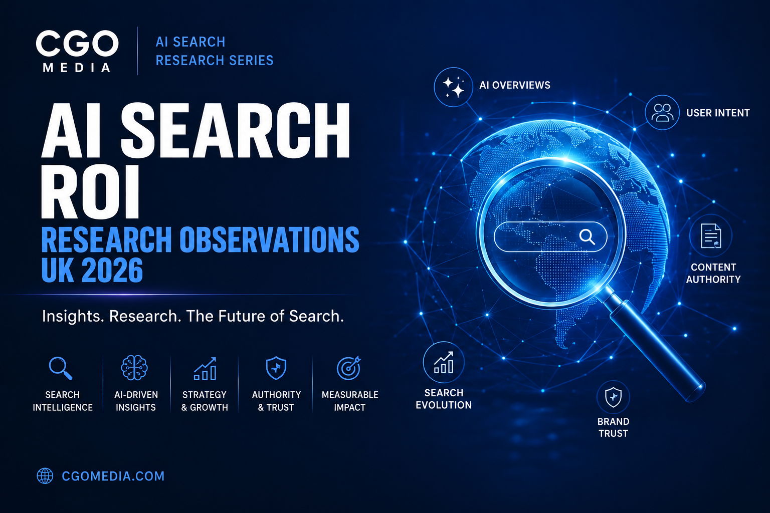 CGO Media cover for AI Search ROI Research Observations UK 2026, featuring a blue digital globe and magnifying glass.
