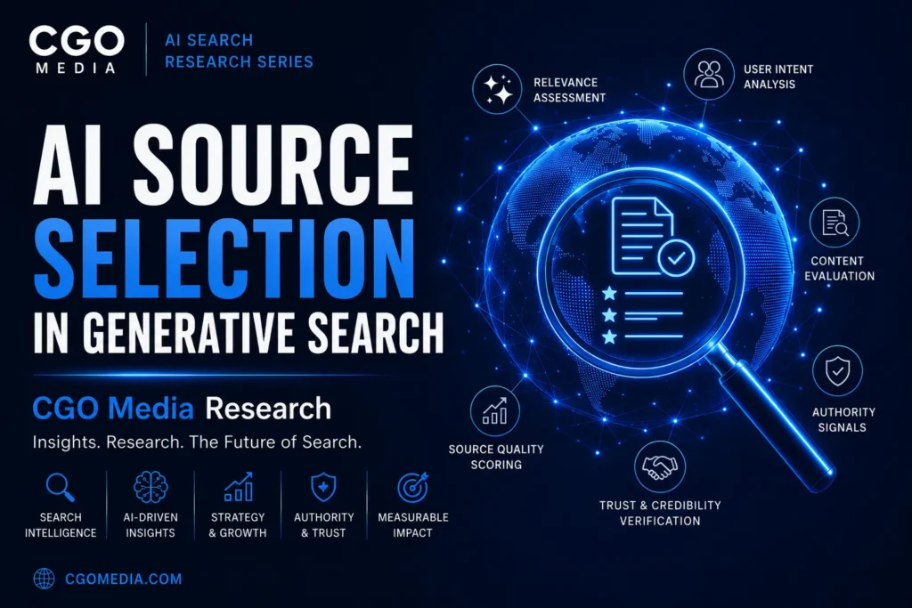Cover image for the CGO Media AI Search Research Series paper 13 - titled AI Source Selection in Generative Search. Exploring AI-ready websites, structured data, entity optimisation and technical SEO.
