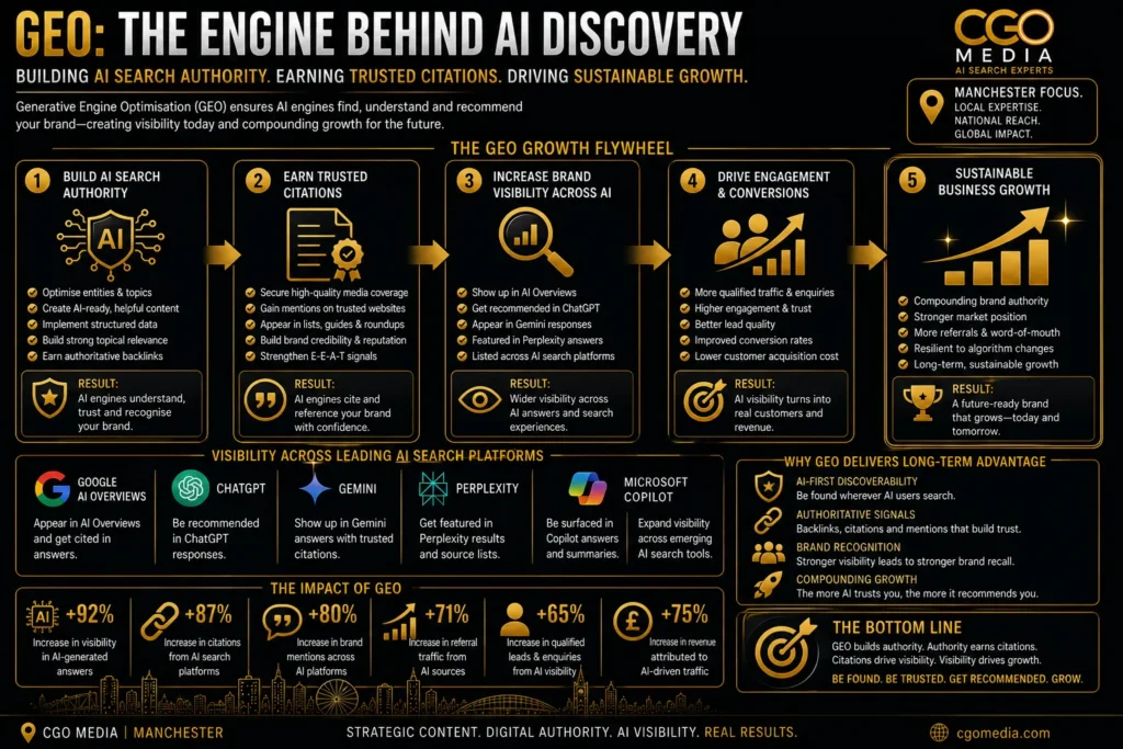 GEO infographic showing how Generative Engine Optimisation builds AI search authority, trusted citations, brand visibility and sustainable business growth in Manchester.