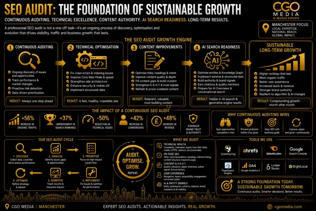SEO Audit Manchester infographic showing how continuous auditing, technical optimisation, content improvements and AI search readiness create sustainable long-term growth.