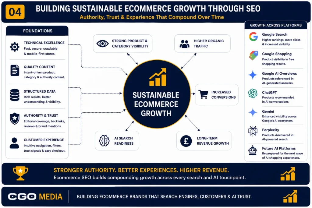 Ecommerce SEO infographic showing how technical excellence, AI optimisation, authority and user experience create sustainable online business growth.