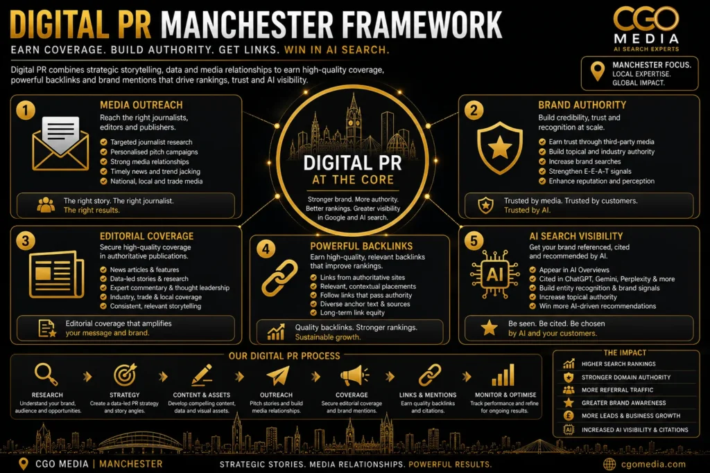 Digital PR Manchester framework infographic showing the core components of modern Digital PR including media outreach, brand authority, editorial coverage, backlinks and AI search visibility.
