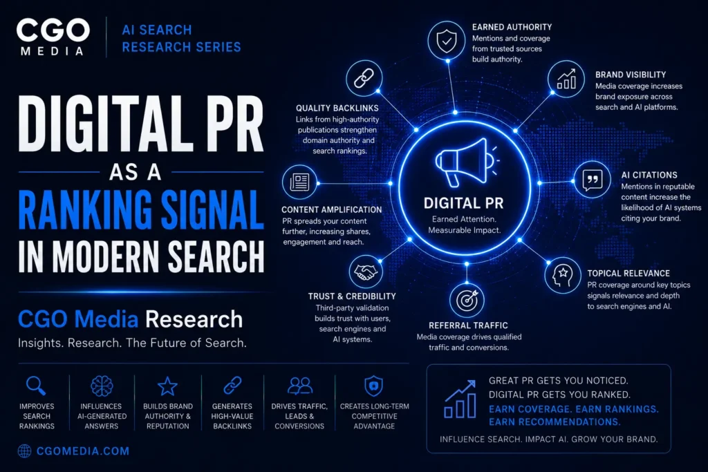 Cover image for the CGO Media AI Search Research Series paper 6 - titled Digital PR as a Ranking Signal in Modern Search. Exploring AI-ready websites, structured data, entity optimisation and technical SEO.