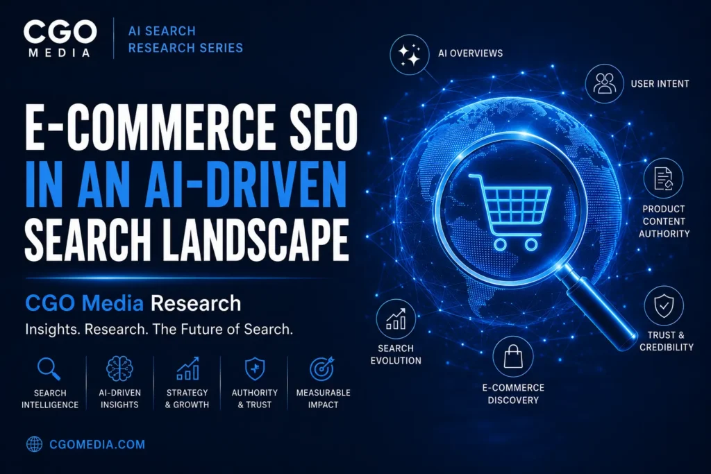 Cover image for the CGO Media AI Search Research Series paper 16 - titled - E-commerce SEO in an AI-Driven Search Landscape. Exploring AI-ready websites, structured data, entity optimisation and technical SEO.
