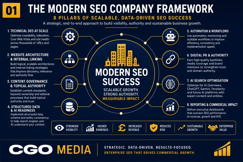 Enterprise SEO framework infographic showing the core pillars of scalable technical optimisation, content governance, AI readiness and digital authority.