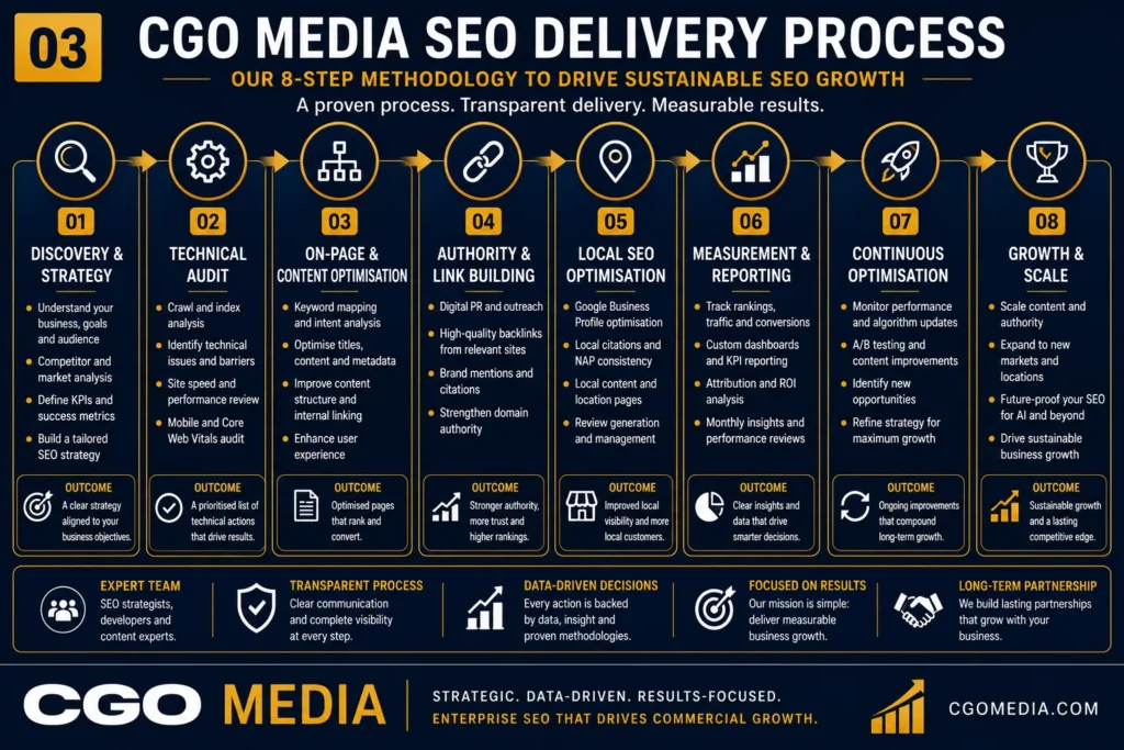 Enterprise SEO roadmap infographic illustrating the complete implementation process from discovery and technical audit through continuous optimisation.