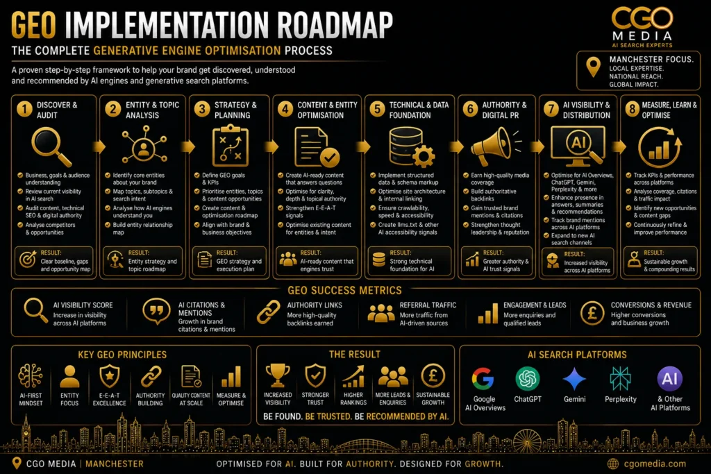 GEO implementation roadmap infographic for Manchester clients showing the complete Generative Engine Optimisation process from discovery and entity analysis through implementation and continuous optimisation.