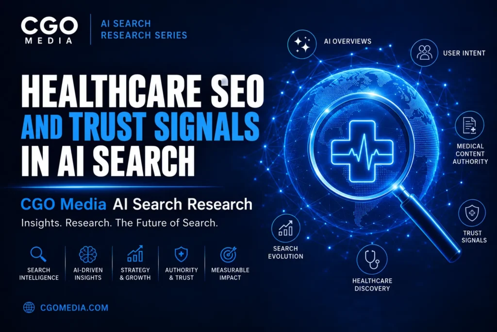 Cover image for the CGO Media AI Search Research Series paper 17 - titled - Healthcare SEO and Trust Signals in AI Search. Exploring AI-ready websites, structured data, entity optimisation and technical SEO.