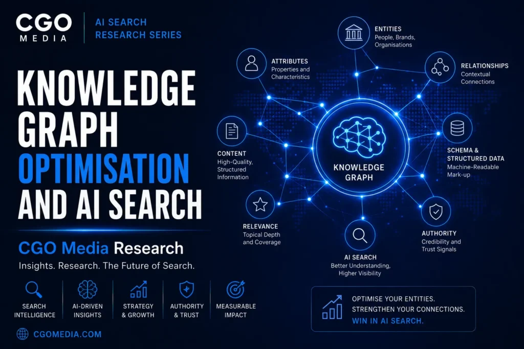 Cover image for the CGO Media AI Search Research Series paper 11 - titled - Knowledge Graph Optimisation and AI Search. Exploring AI-ready websites, structured data, entity optimisation and technical SEO.