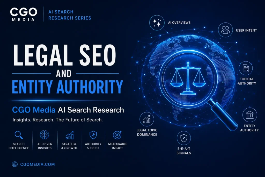 Cover image for the CGO Media AI Search Research Series paper 18 - titled - Legal SEO and Entity Authority. Exploring AI-ready websites, structured data, entity optimisation and technical SEO.