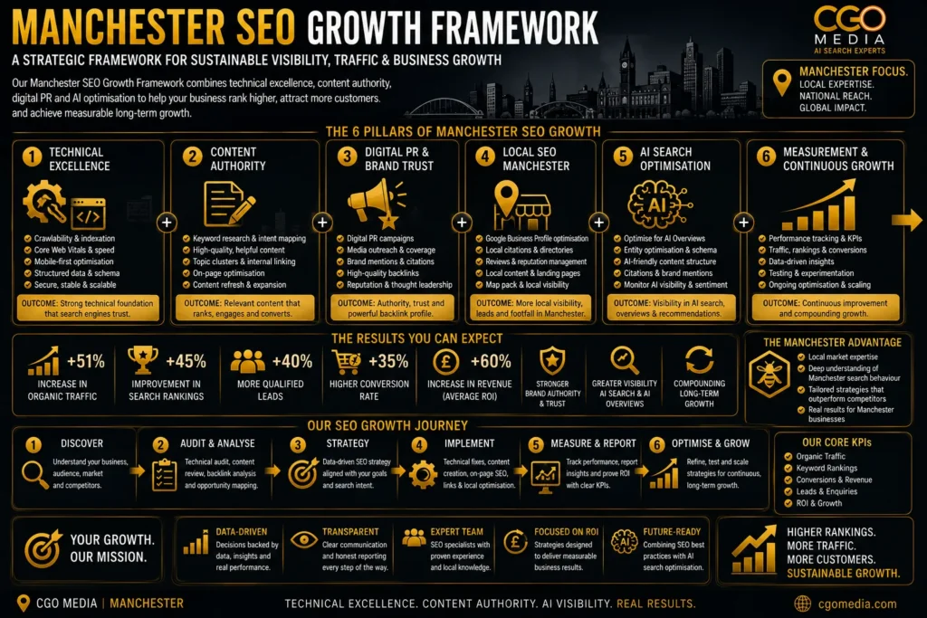 Manchester SEO Growth Framework infographic showing six pillars including technical SEO, content strategy, authority building, local SEO, AI search optimisation and reporting.