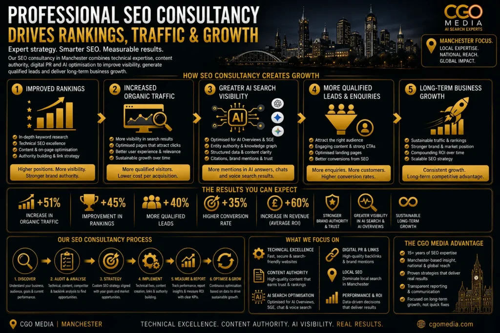 Infographic showing how professional SEO consultancy Manchester improves rankings, organic traffic, AI search visibility, lead generation and long-term business growth.