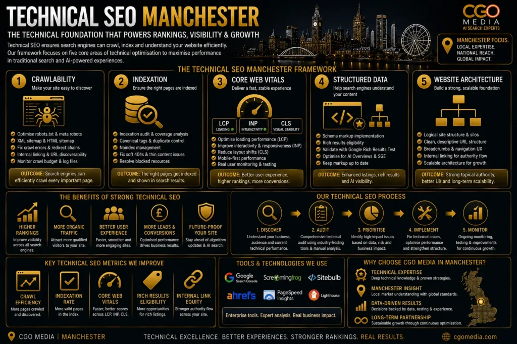 Infographic showing how Technical SEO Manchester improves website speed, search engine crawling, indexing, user experience, AI search visibility and long-term organic performance.