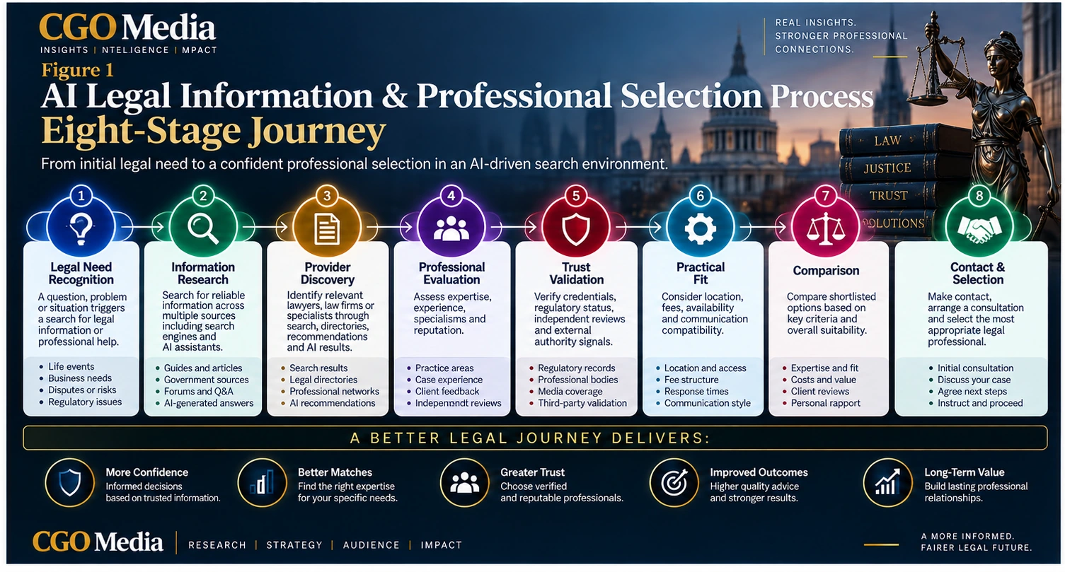 AI Legal Information and Professional Selection Process infographic showing eight stages from recognising a legal need and researching information through provider discovery, professional evaluation, trust validation, practical fit, comparison and final legal professional selection.