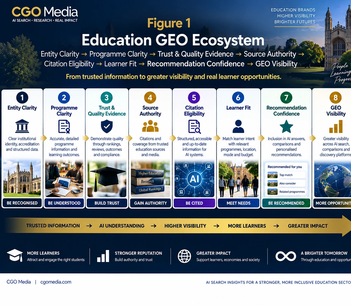 Education GEO Ecosystem infographic showing eight connected stages: Entity Clarity, Programme Clarity, Trust and Quality Evidence, Source Authority, Citation Eligibility, Learner Fit, Recommendation Confidence and GEO Visibility.