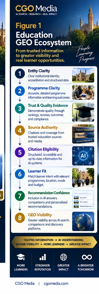 Education GEO Ecosystem infographic showing eight connected stages: Entity Clarity, Programme Clarity, Trust and Quality Evidence, Source Authority, Citation Eligibility, Learner Fit, Recommendation Confidence and GEO Visibility.