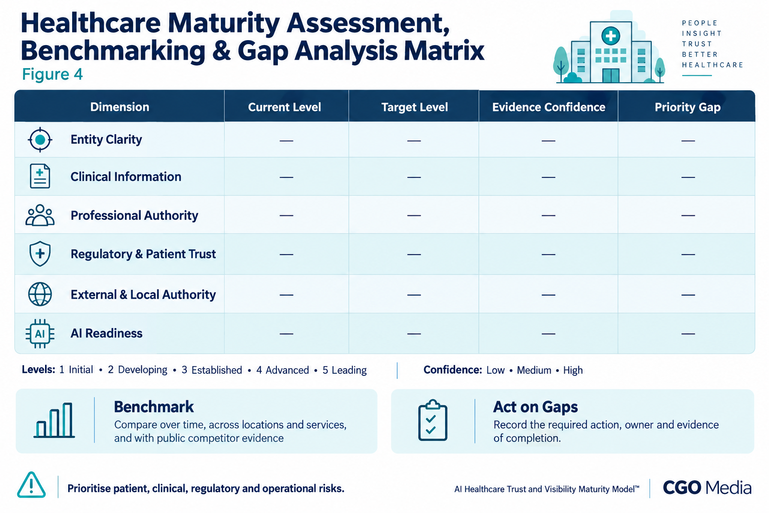Healthcare maturity assessment matrix with current level, target level, evidence confidence and priority gap fields across six dimensions.
