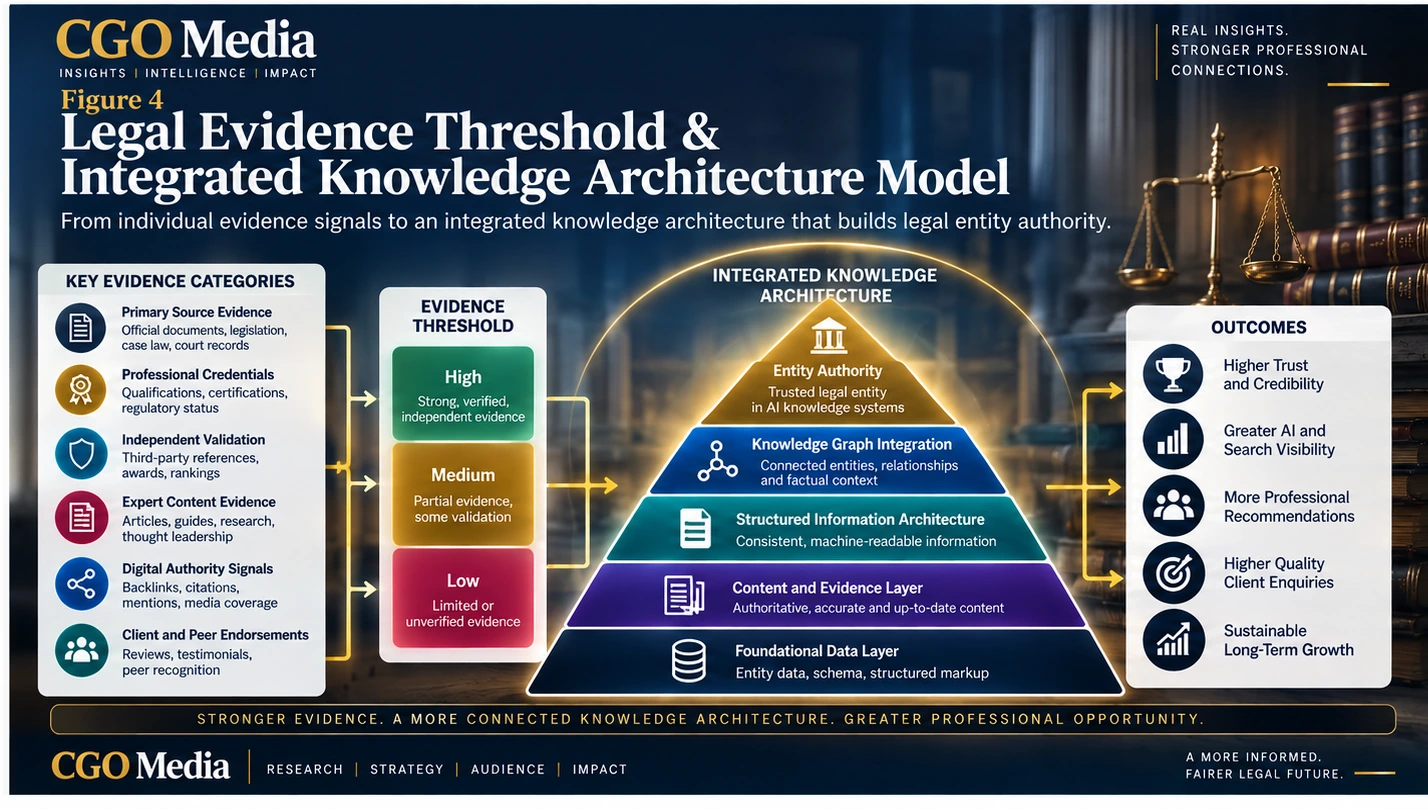 Legal Evidence Threshold and Integrated Knowledge Architecture Model infographic showing how primary evidence, professional credentials, independent validation, expert content, digital authority signals and client endorsements are assessed through evidence thresholds and integrated into a structured legal knowledge architecture.