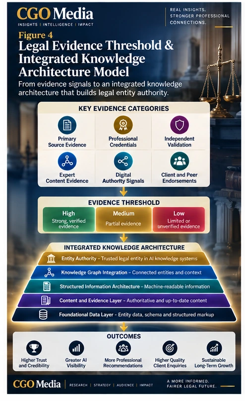 Legal Evidence Threshold and Integrated Knowledge Architecture Model infographic showing how primary evidence, professional credentials, independent validation, expert content, digital authority signals and client endorsements are assessed through evidence thresholds and integrated into a structured legal knowledge architecture.