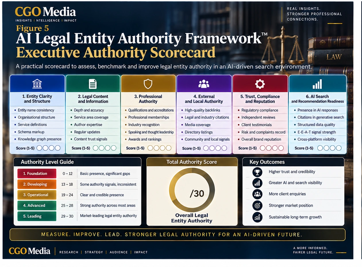 AI Legal Entity Authority Framework Executive Authority Scorecard infographic assessing six dimensions: entity clarity, legal content, professional authority, external authority, trust and compliance, and AI search recommendation readiness.
