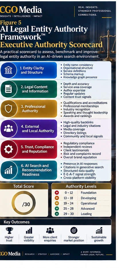 AI Legal Entity Authority Framework Executive Authority Scorecard infographic assessing six dimensions: entity clarity, legal content, professional authority, external authority, trust and compliance, and AI search recommendation readiness.