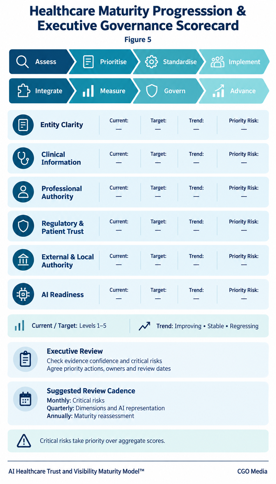 Healthcare executive governance scorecard showing eight progression steps and fields for current maturity, targets, trends and priority risks across six dimensions.