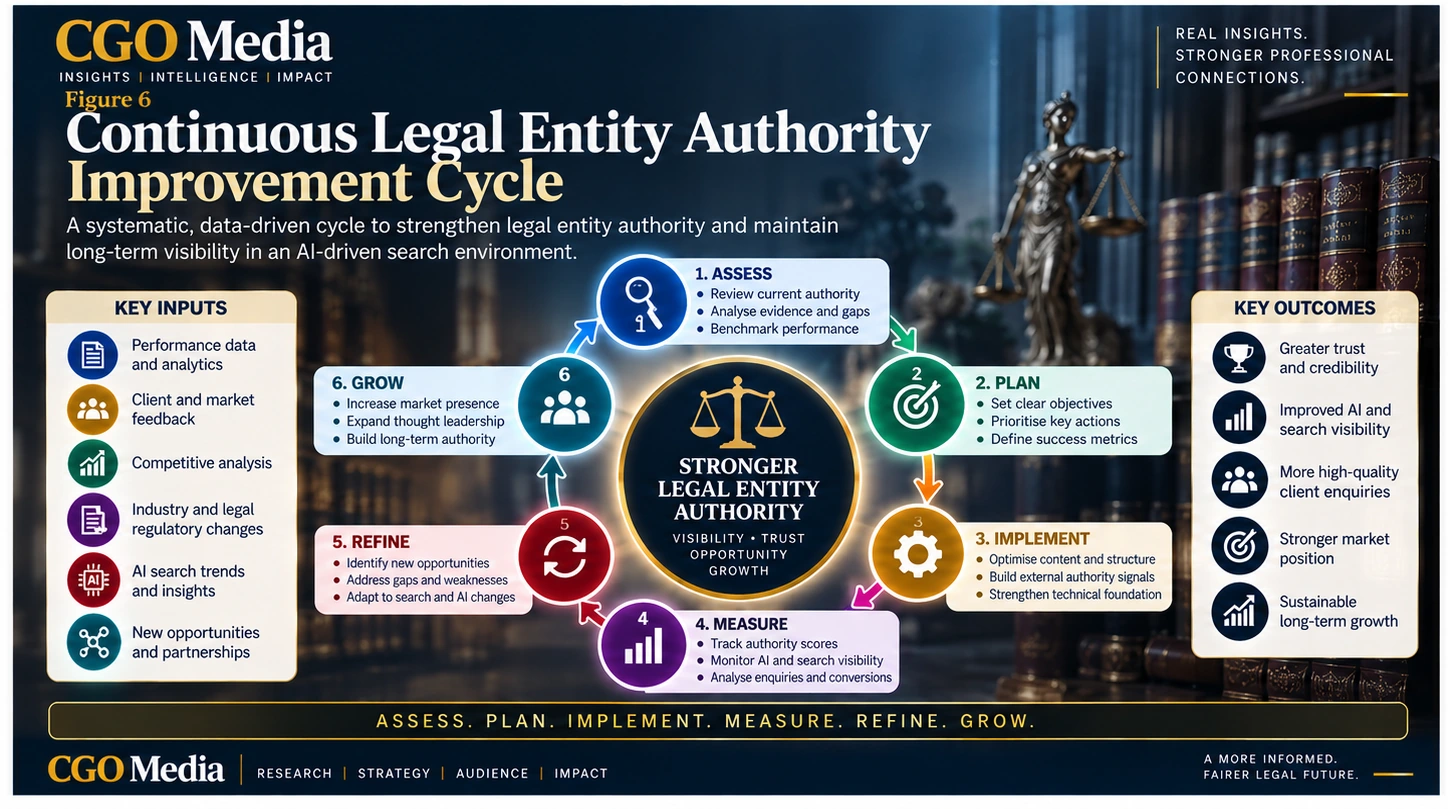 Continuous Legal Entity Authority Improvement Cycle infographic showing six stages—Assess, Plan, Implement, Measure, Refine and Grow—supported by performance data, client feedback, competitive analysis, regulatory changes and AI search trends.