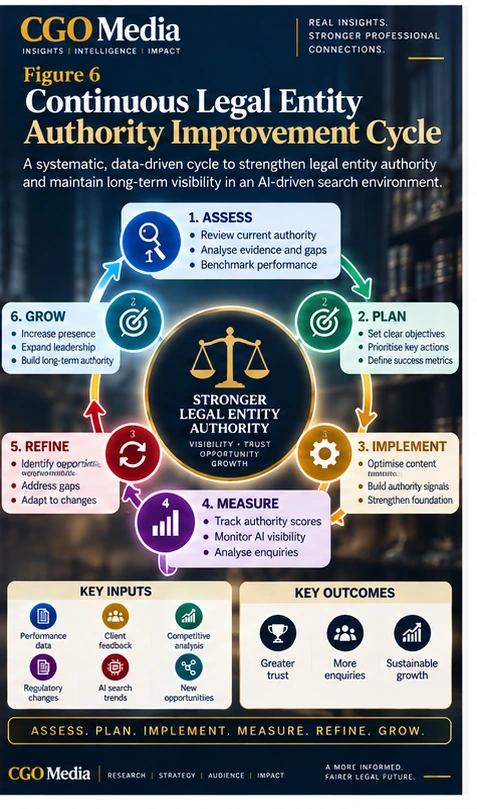Continuous Legal Entity Authority Improvement Cycle infographic showing six stages—Assess, Plan, Implement, Measure, Refine and Grow—supported by performance data, client feedback, competitive analysis, regulatory changes and AI search trends.