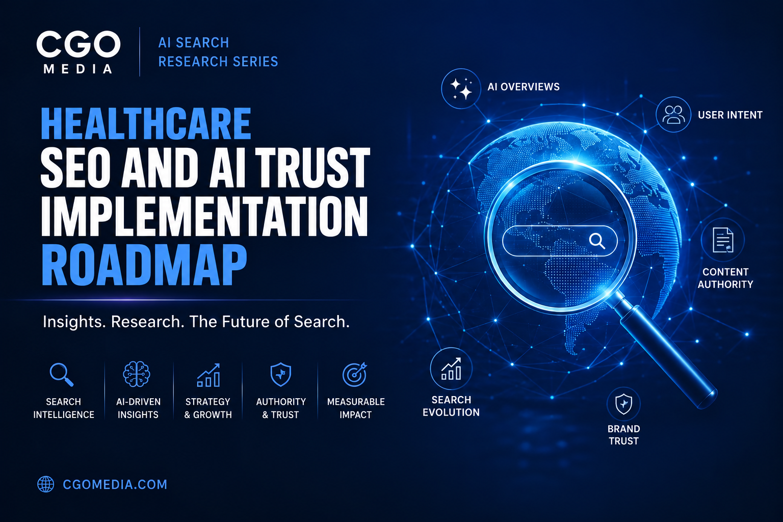 CGO Media cover for Healthcare SEO and AI Trust Implementation Roadmap, featuring a digital globe and magnifying glass.