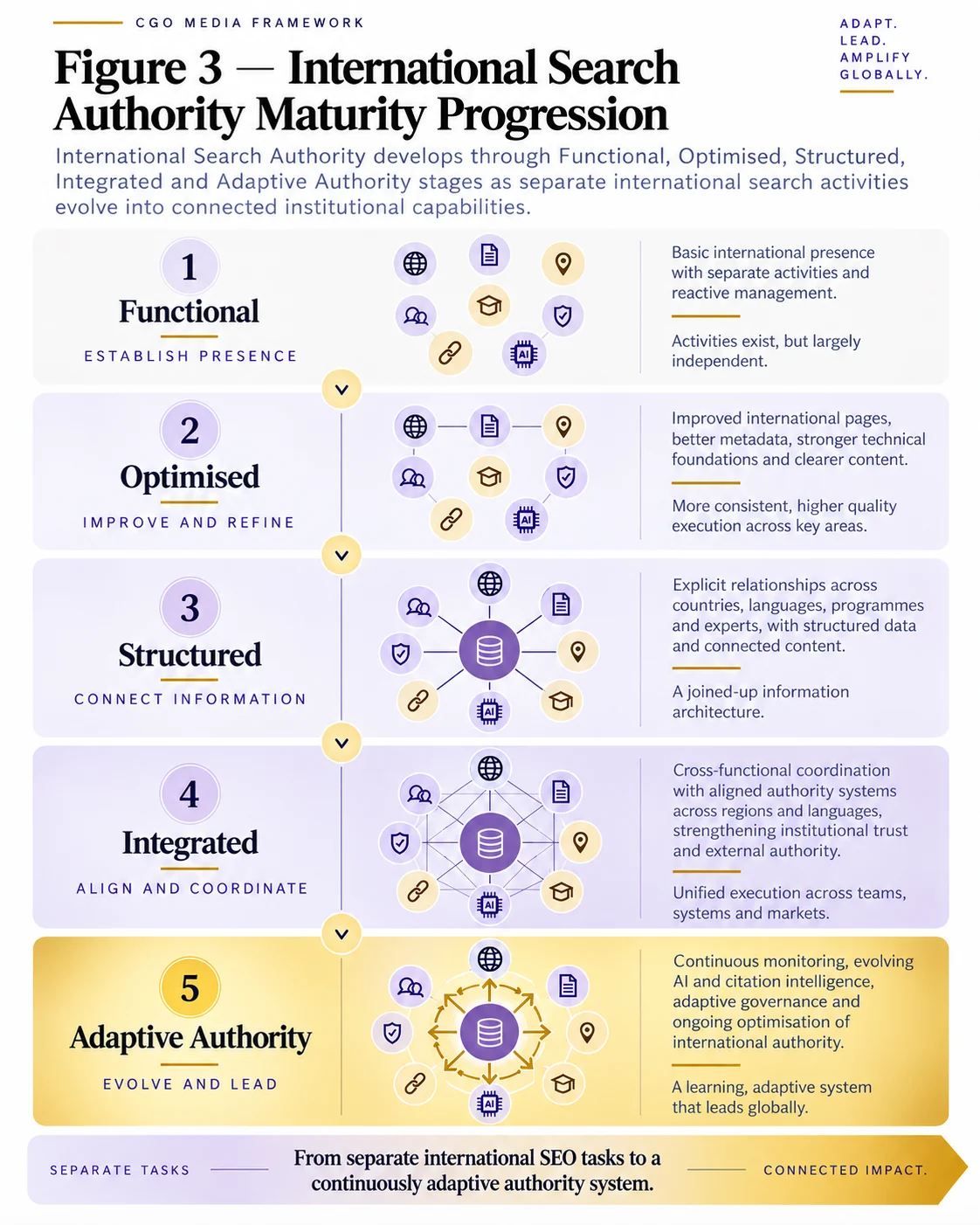 International Search Authority Maturity Progression portrait infographic showing five stages from Functional to Adaptive Authority as separate international SEO activities develop into connected institutional search capabilities.