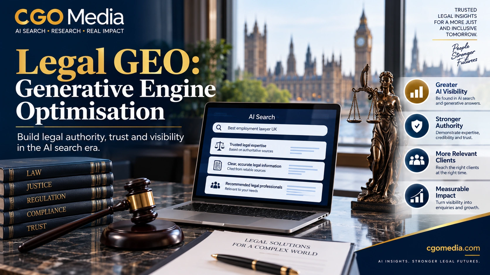 Legal GEO Generative Engine Optimisation featured image showing AI-powered legal search, trusted legal expertise, authoritative information, client relevance and stronger law firm visibility across generative search.
