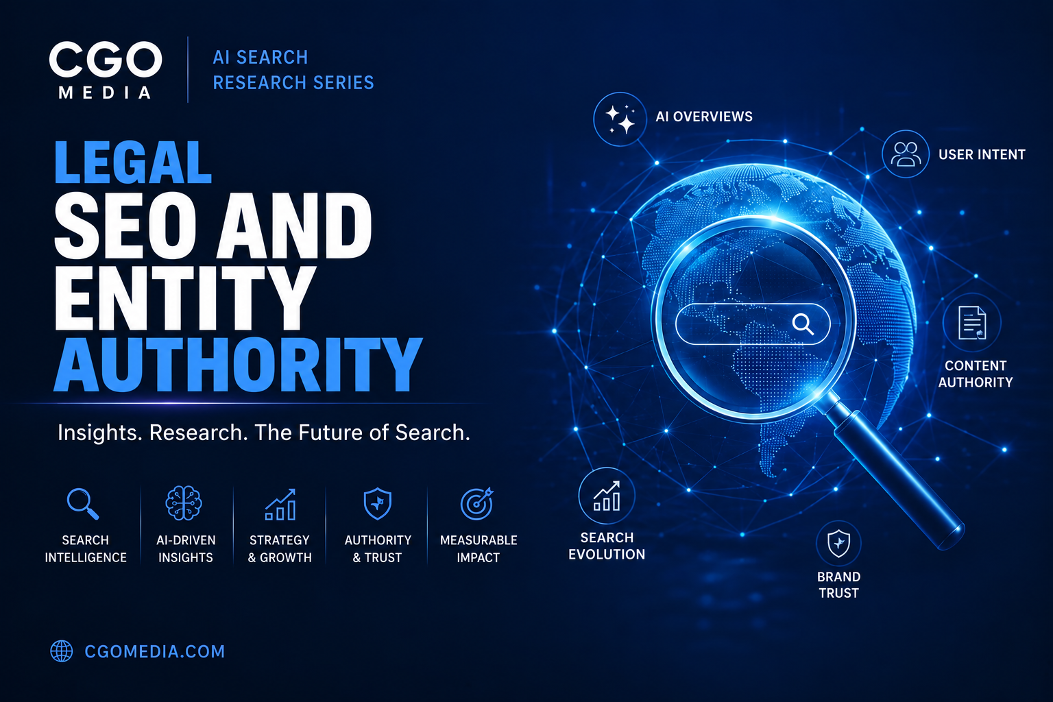 CGO Media cover for Legal SEO and Entity Authority, featuring a digital globe and magnifying glass.