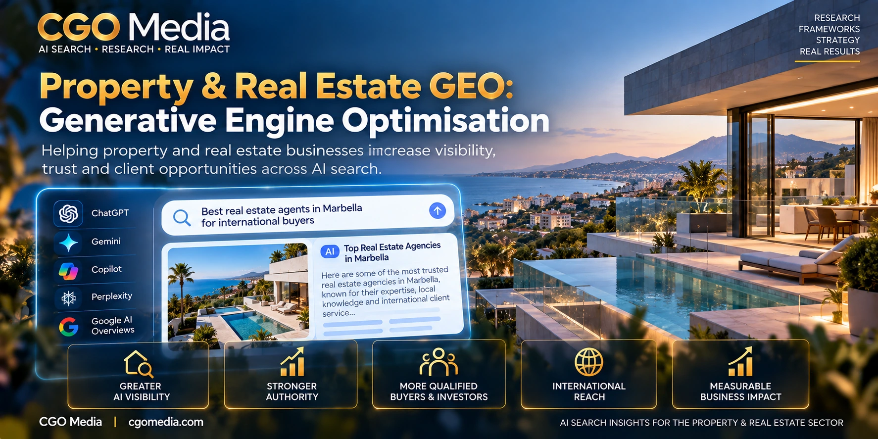 Property and Real Estate GEO Generative Engine Optimisation featured image showing AI-powered property discovery, trusted real estate expertise, international buyer visibility and stronger presence across generative search.
