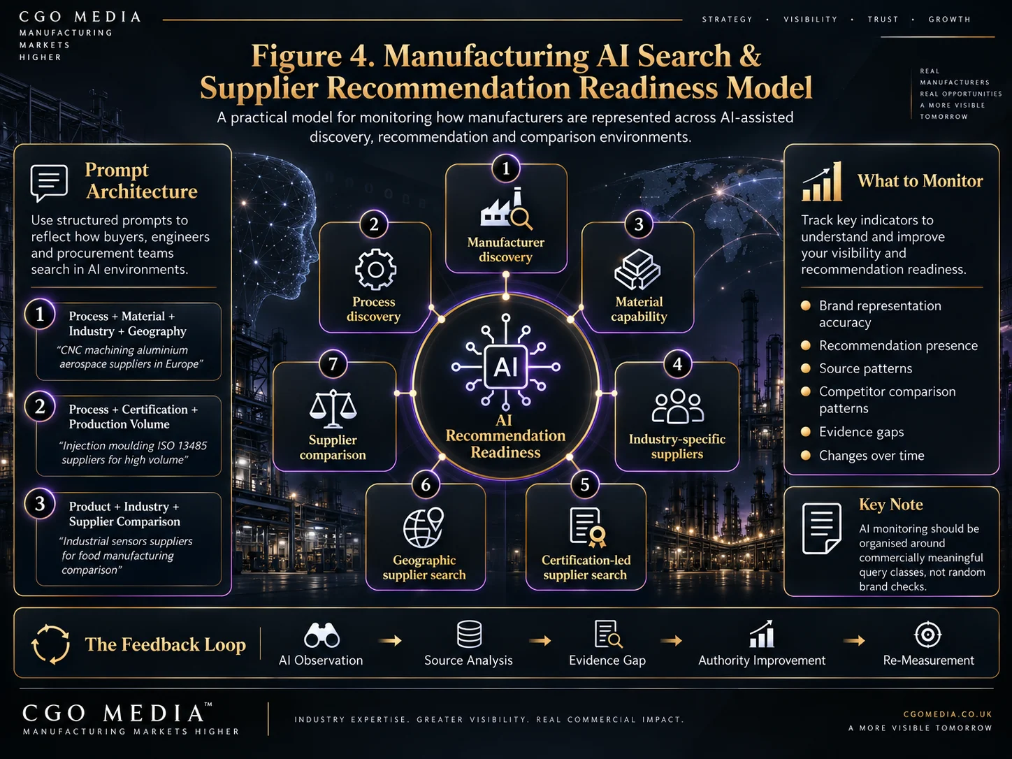 Manufacturing AI search and supplier recommendation readiness infographic showing manufacturer discovery, process discovery, material capability, industry-specific suppliers, certification-led search, geographic search and supplier comparison around an AI recommendation readiness model in a landscape layout.