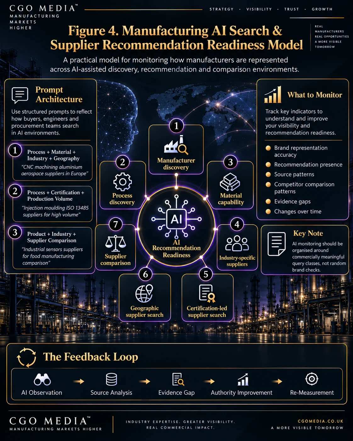 Manufacturing AI search and supplier recommendation readiness infographic showing manufacturer discovery, process discovery, material capability, industry-specific suppliers, certification-led search, geographic search and supplier comparison around an AI recommendation readiness model in a portrait layout.