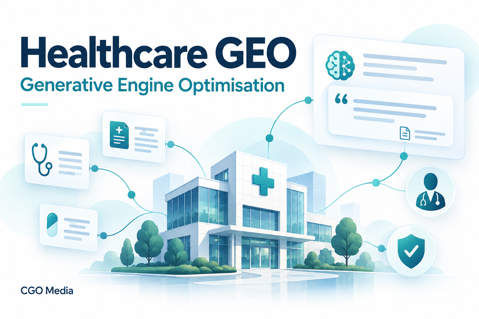 Healthcare GEO illustration connecting a healthcare provider with clinical information, professional credentials, trust evidence and AI-generated answers.