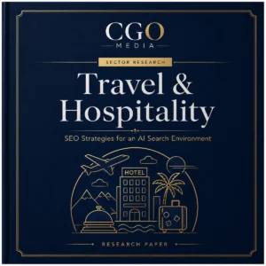 CGO Media Travel and Hospitality sector research cover for SEO strategies in an AI search environment.